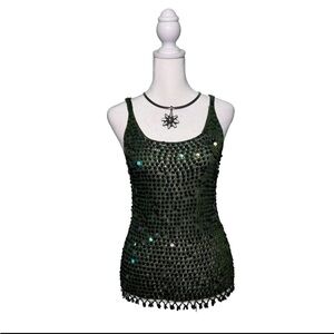Vintage Cache Beaded Sequin Crochet Tank Top Green Women's Size Large Iridescent